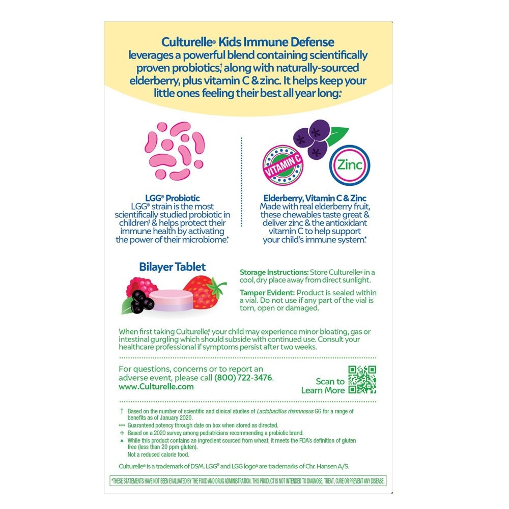 slide 5 of 5, Culturelle Kids Daily Immune Defense Probiotic + Elderberry, Vitamin C and Zinc Chewable for Oral Health - 30ct, 30 ct