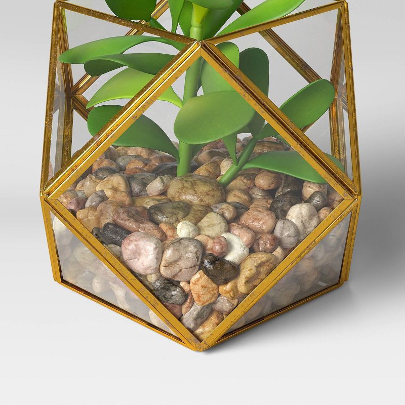 slide 4 of 4, 5" x 4" Artificial Succulent Plant with Brass Terrarium - Threshold™: Indoor Faux Floral, Glass Pot Decor, 1 ct