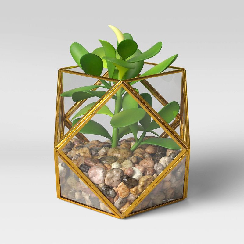 slide 1 of 4, 5" x 4" Artificial Succulent Plant with Brass Terrarium - Threshold™: Indoor Faux Floral, Glass Pot Decor, 1 ct