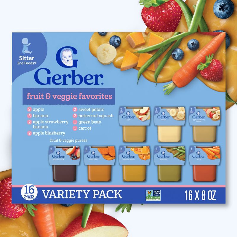 slide 2 of 8, Gerber Non-GMO Baby Food Stage 2 Fruit & Veggie Puree Tubs 16 Variety Pack - 128oz, 128 oz