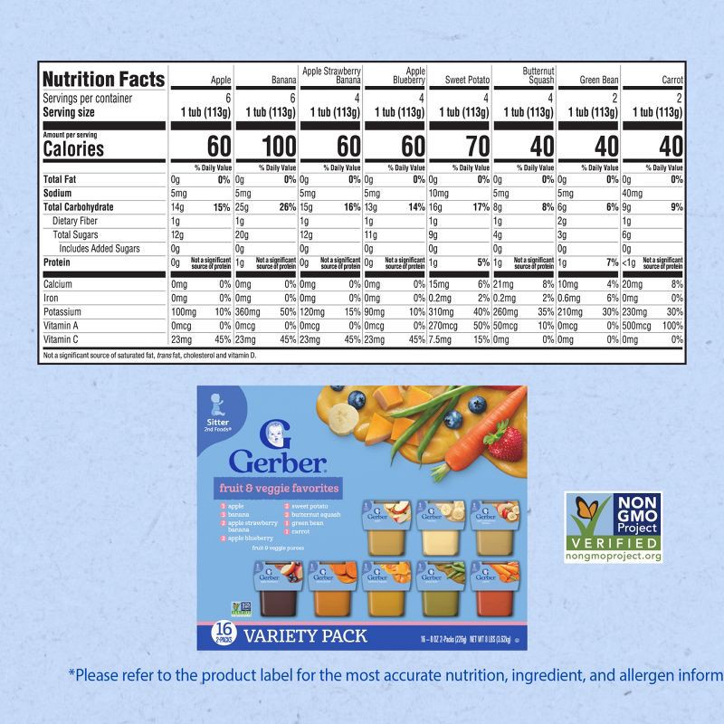 slide 7 of 8, Gerber Non-GMO Baby Food Stage 2 Fruit & Veggie Puree Tubs 16 Variety Pack - 128oz, 128 oz