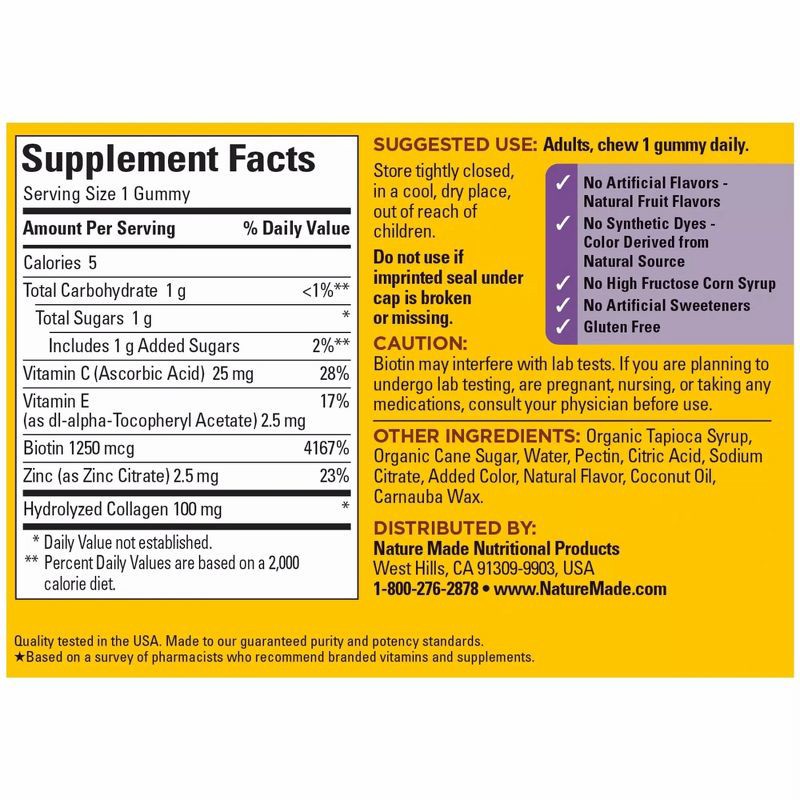 slide 2 of 8, Nature Made Hydrolyzed Collagen Supplement Gummies with Vitamin C, Biotin & Zinc - 60ct, 60 ct