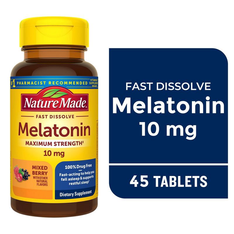 slide 3 of 8, Nature Made Fast Dissolve Melatonin Maximum Strength 100% Drug Free Sleep Aid 10mg Tablets - 45ct, 45 ct; 10 mg