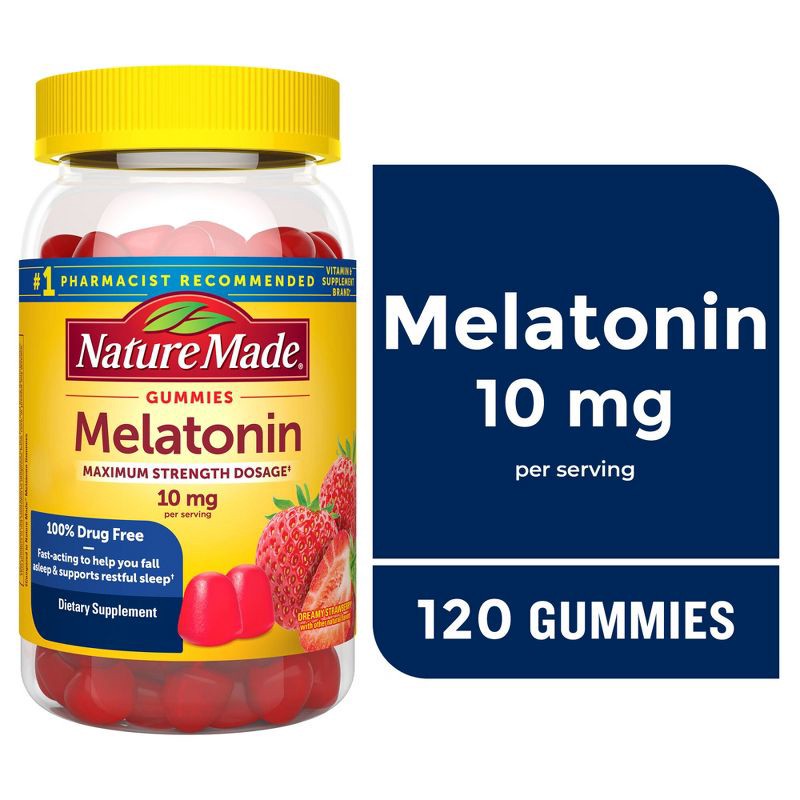 slide 3 of 9, Nature Made Melatonin Maximum Strength 100% Drug Free Sleep Aid for Adults 10mg per serving Gummies - 120ct, 120 ct; 10 mg