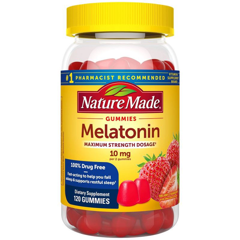 slide 1 of 9, Nature Made Melatonin Maximum Strength 100% Drug Free Sleep Aid for Adults 10mg per serving Gummies - 120ct, 120 ct; 10 mg