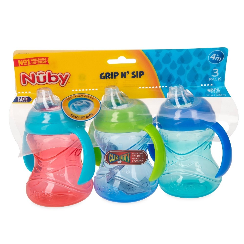 slide 3 of 5, Nuby Cup Click-It Handle Cup - Aqua/Blue/Red, 3 ct; 8 oz