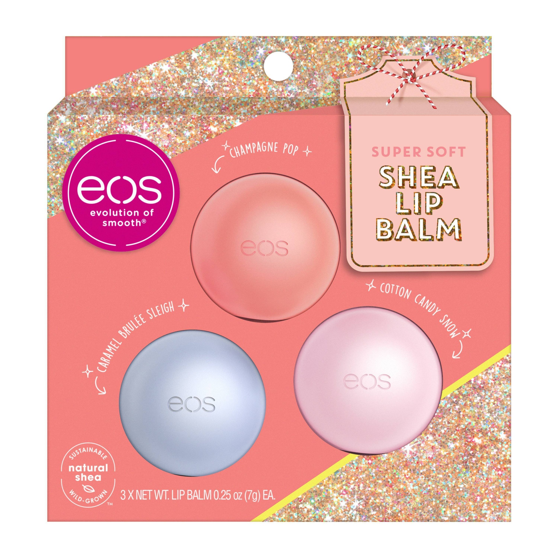 slide 1 of 3, eos Holiday Lip Balm Sphere - Cotton Candy Snow, Caramel Brulée Sleigh, and Champagne Pop, 3 ct, 0.75 oz