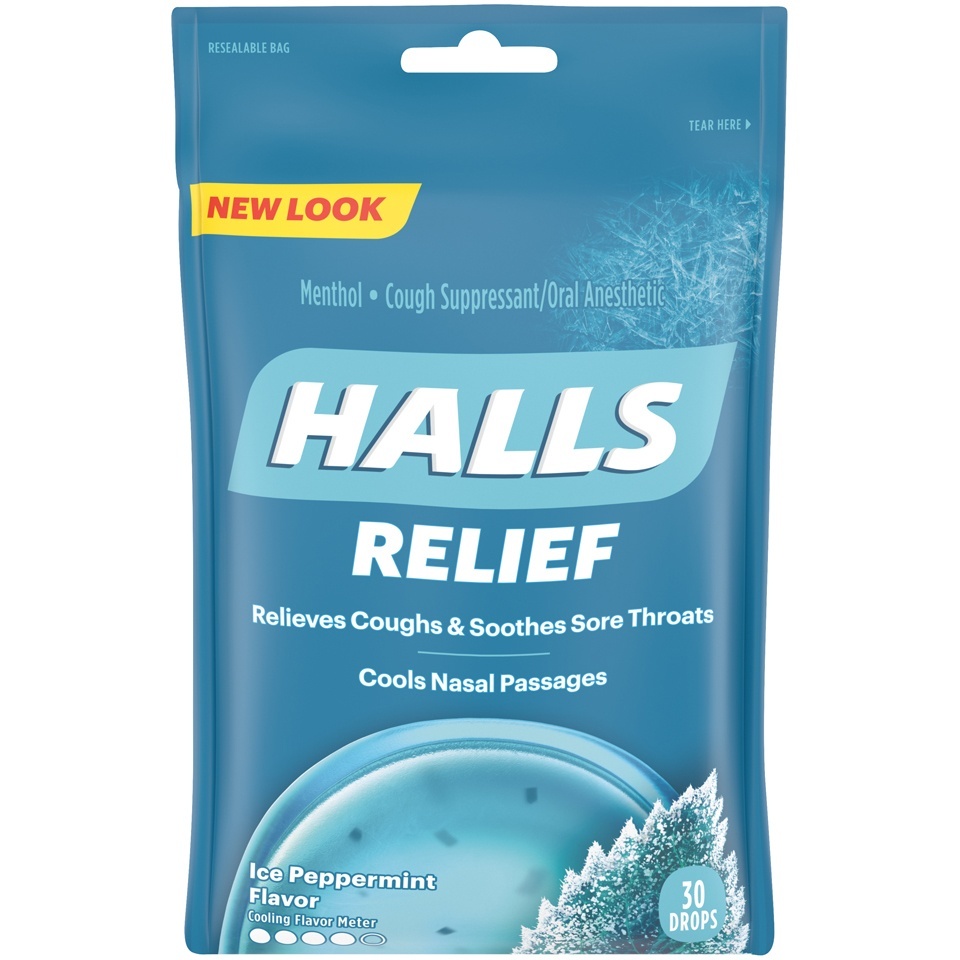slide 1 of 7, Halls Triple Soothing Action Ice Peppermint Cough Drops, 30 ct