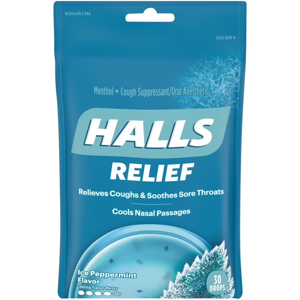 slide 1 of 1, Halls Triple Soothing Action Ice Peppermint Cough Drops, 30 ct