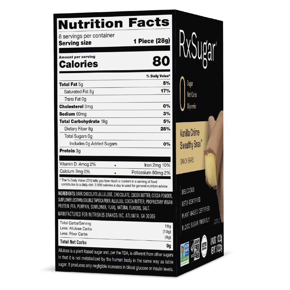 slide 3 of 4, RxSugar Vanilla Creme Swealthy Snax, Diabetes & Keto Friendly, Sugar-Free Candy Bars, 8 bars