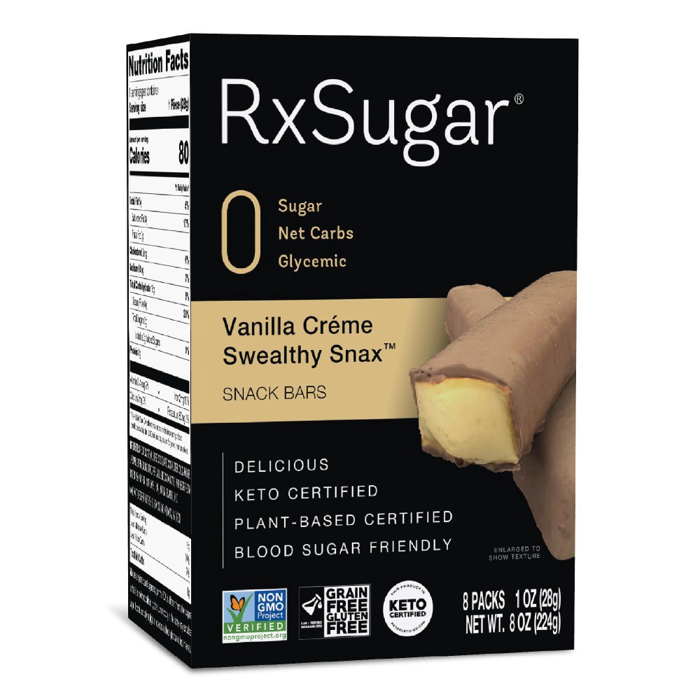 slide 1 of 4, RxSugar Vanilla Creme Swealthy Snax, Diabetes & Keto Friendly, Sugar-Free Candy Bars, 8 bars