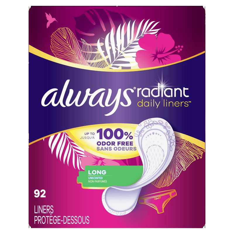 slide 5 of 10, Always Radiant Daily Panty Liners - Long - Unscented - 92ct, 92 ct