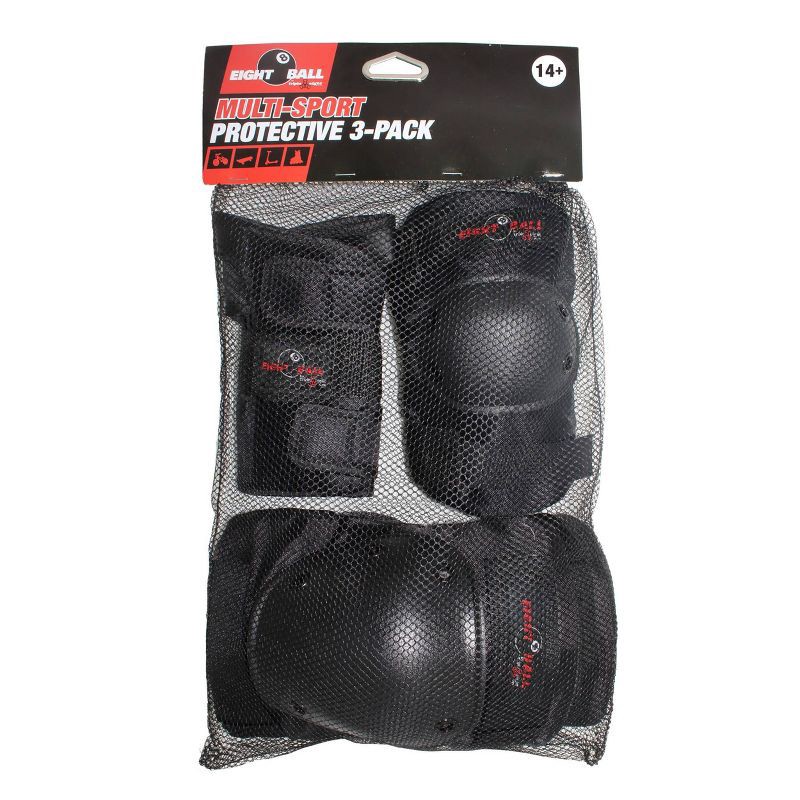slide 5 of 5, Eight Ball 14+ Pad Set 3pk - Black: Elbow, Knee, Wrist Protection for Cycling, 3 ct