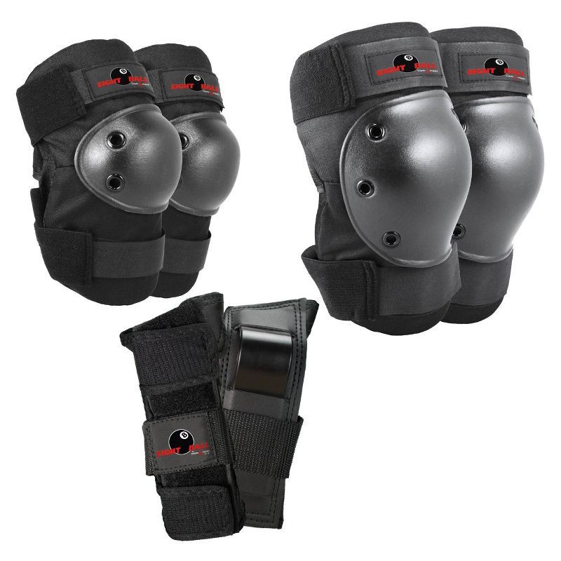 slide 1 of 5, Eight Ball 14+ Pad Set 3pk - Black: Elbow, Knee, Wrist Protection for Cycling, 3 ct
