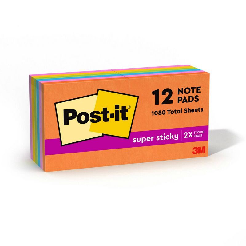 slide 2 of 25, Post-it® Super Sticky Notes, 3 in. x 3 in., Energy Boost Collection, 12 Pads/Pack: Multicolored, 90 Sheets, Art Design, 1 ct