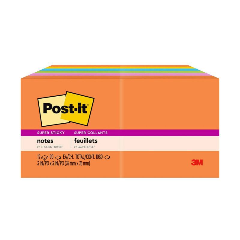 slide 12 of 25, Post-it® Super Sticky Notes, 3 in. x 3 in., Energy Boost Collection, 12 Pads/Pack: Multicolored, 90 Sheets, Art Design, 1 ct