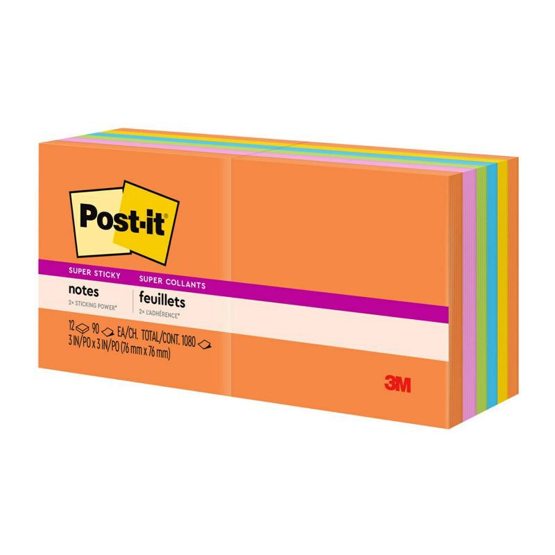 slide 13 of 25, Post-it® Super Sticky Notes, 3 in. x 3 in., Energy Boost Collection, 12 Pads/Pack: Multicolored, 90 Sheets, Art Design, 1 ct