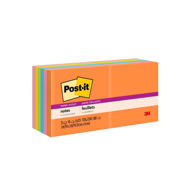 slide 20 of 25, Post-it® Super Sticky Notes, 3 in. x 3 in., Energy Boost Collection, 12 Pads/Pack: Multicolored, 90 Sheets, Art Design, 1 ct