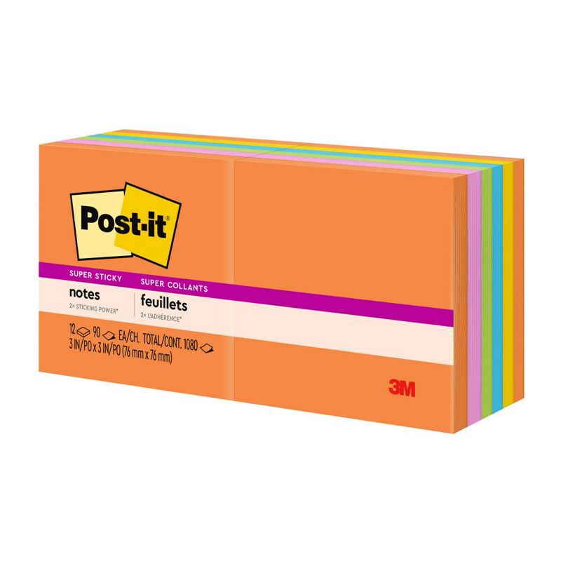 slide 24 of 25, Post-it® Super Sticky Notes, 3 in. x 3 in., Energy Boost Collection, 12 Pads/Pack: Multicolored, 90 Sheets, Art Design, 1 ct