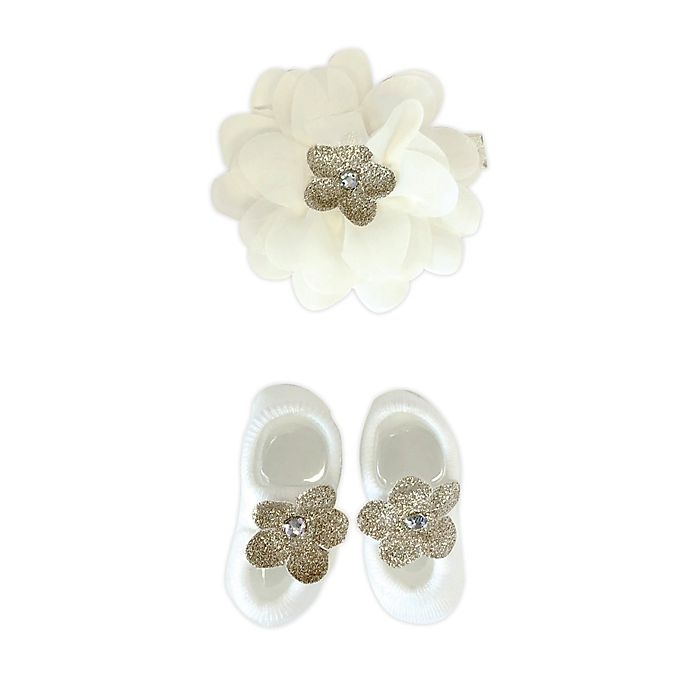 slide 1 of 1, Toby Fairy Newborn Flower Headband and Bootie Set - Ivory/Gold, 2 ct