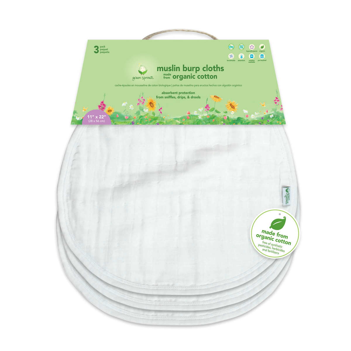 slide 1 of 9, Green Sprouts Organic Cotton Muslin Burp Cloths - White, 3 ct