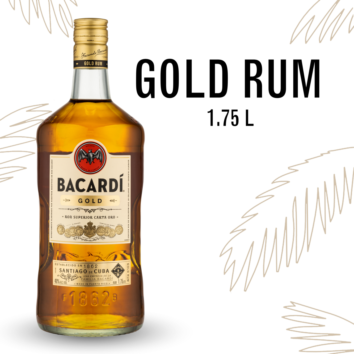 slide 1 of 5, Bacardí Bacardi Gold Rum, Gluten Free 40% 175Cl/1.75L, 1.75 liter