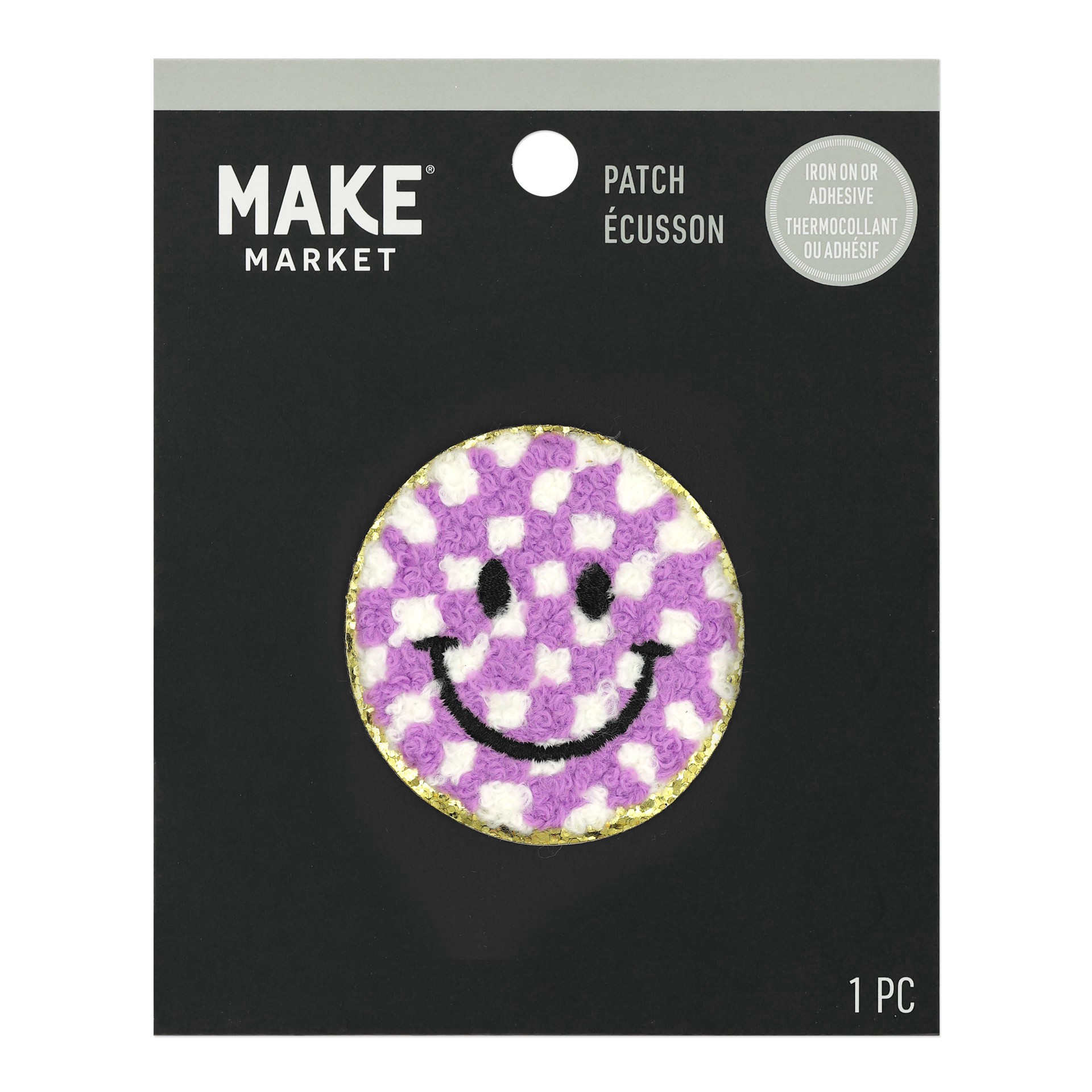 slide 3 of 3, Purple Checker Smiley Face Iron On & Adhesive Patch By Make Market, 2 in x 2 in