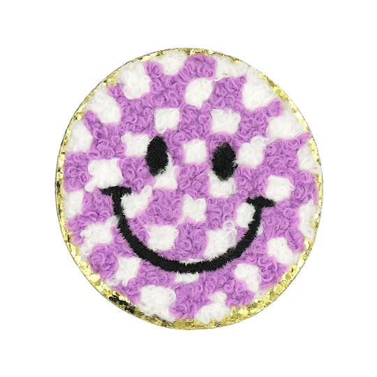 slide 1 of 3, Purple Checker Smiley Face Iron On & Adhesive Patch By Make Market, 2 in x 2 in