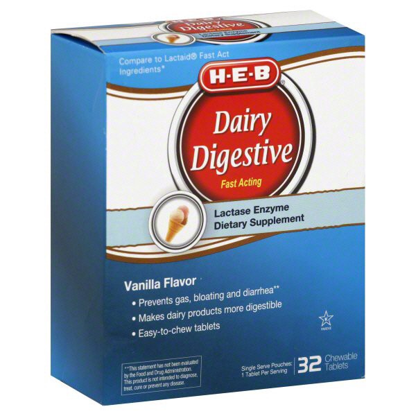 slide 1 of 1, H-E-B Dairy Digestive Fast Acting Chewable Tablets, Vanilla Flavor, 32 ct