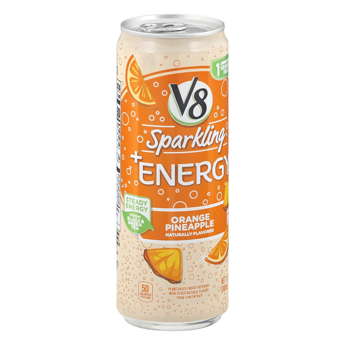 slide 2 of 10, V8 +Energy Sparkling Orange Pineapple Juice Energy Drink, 11.5 fl oz Can, 11.5 oz