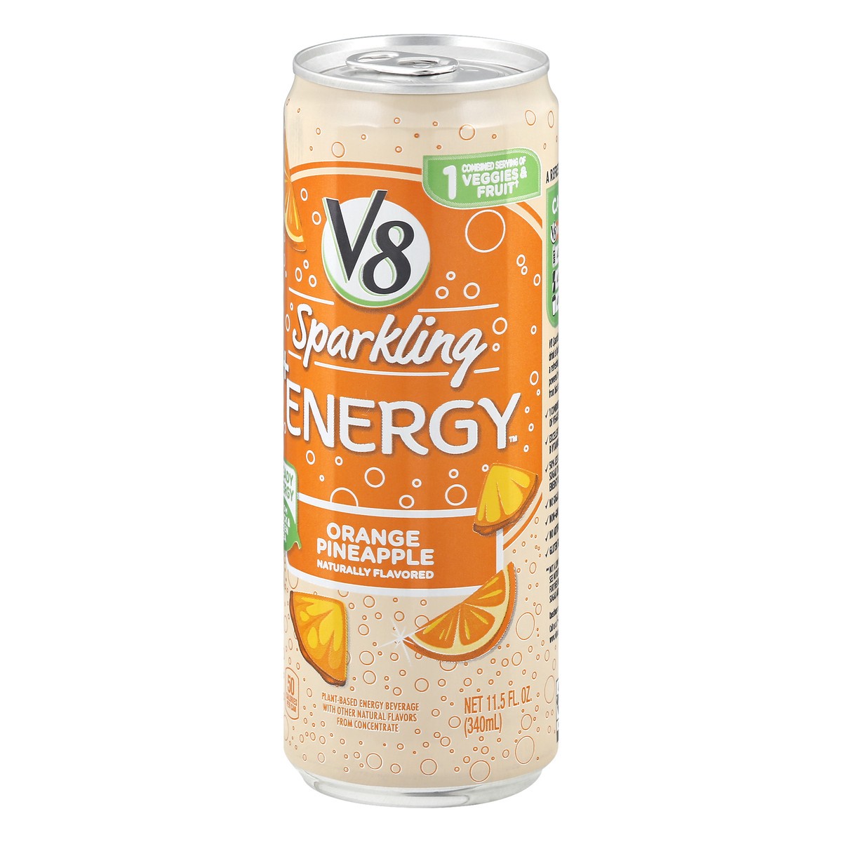 slide 4 of 10, V8 +Energy Sparkling Orange Pineapple Juice Energy Drink, 11.5 fl oz Can, 11.5 oz