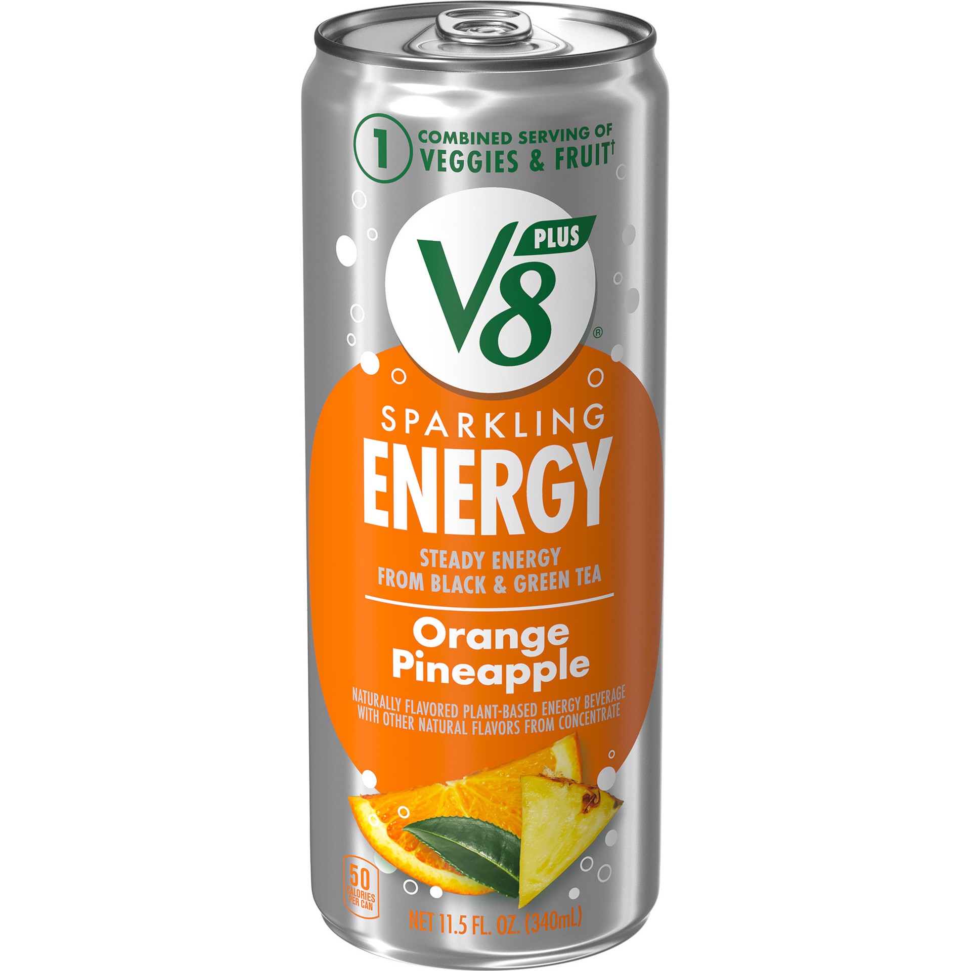 slide 1 of 10, V8 +Energy Sparkling Orange Pineapple Juice Energy Drink, 11.5 fl oz Can, 11.5 oz