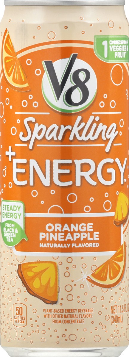 slide 3 of 10, V8 +Energy Sparkling Orange Pineapple Juice Energy Drink, 11.5 fl oz Can, 11.5 oz