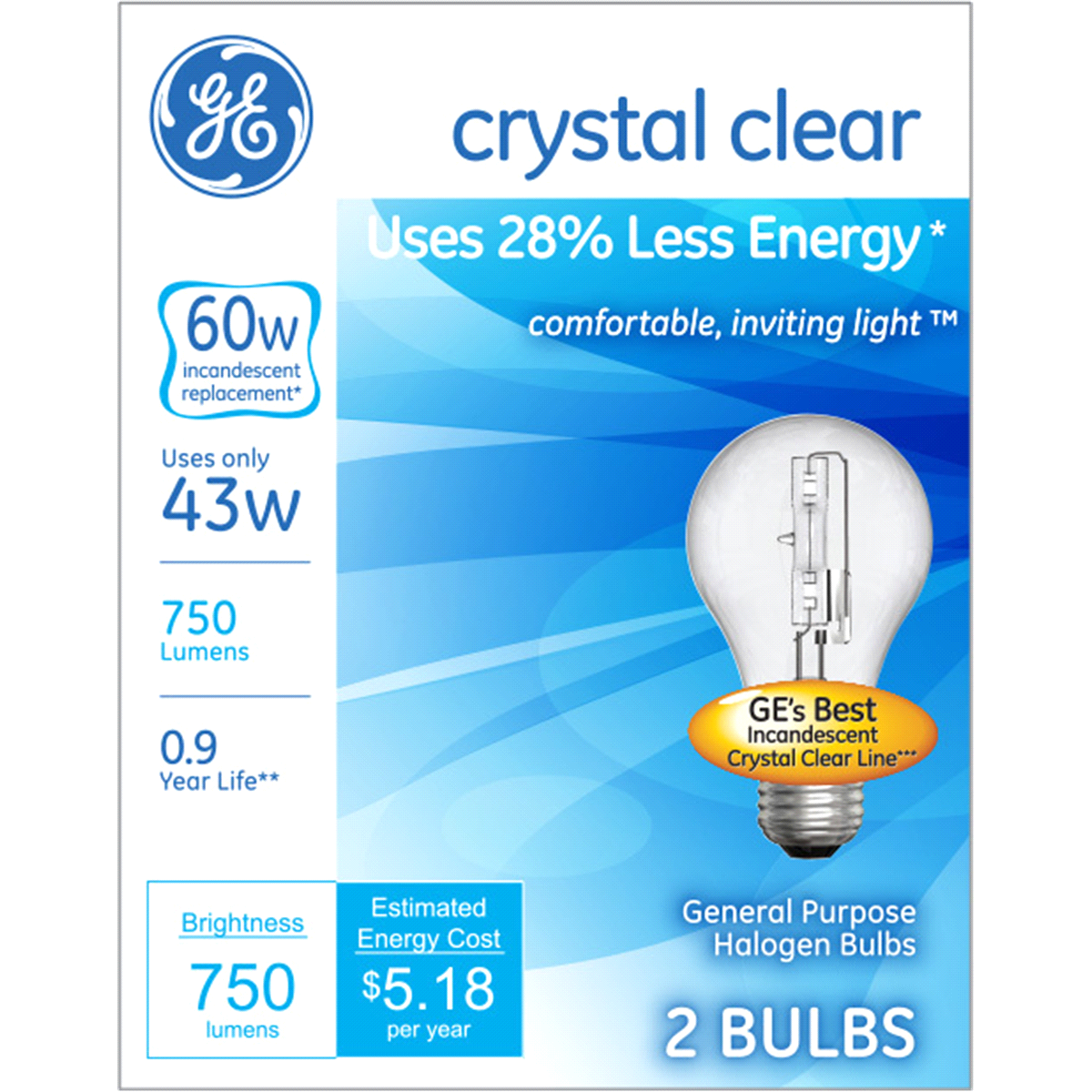 slide 1 of 1, GE 60-Watt Energy Efficient Halogen Light Bulb - Soft White, Clear Bulb, 2 ct