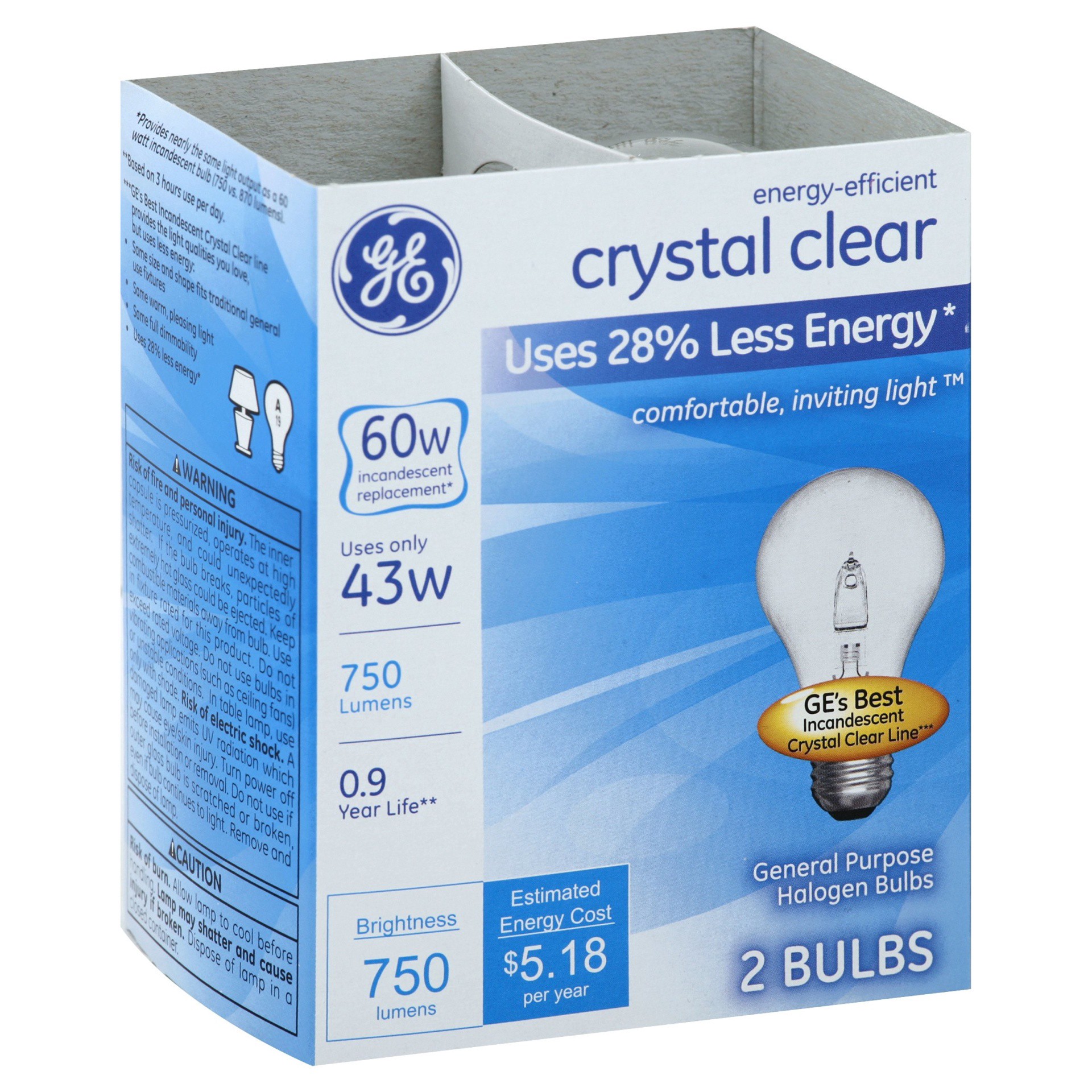 slide 1 of 1, GE 60-Watt Energy Efficient Halogen Light Bulb - Soft White, Clear Bulb, 2 ct