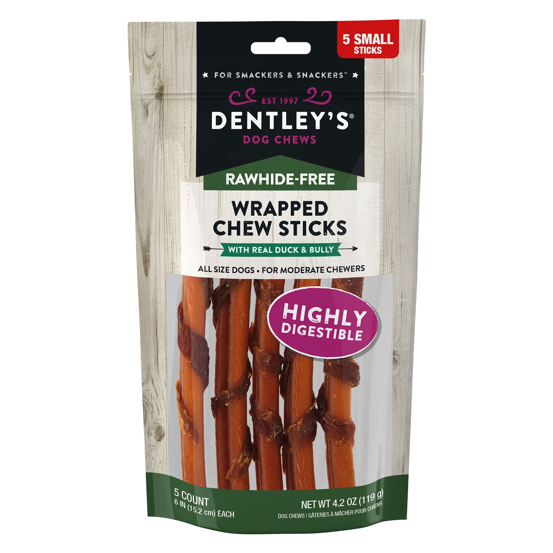 slide 1 of 1, Dentley's Rawhide-Free 6" Duck Wrapped Bully Stick Dog Chew - Duck, 5 Count, 5 ct