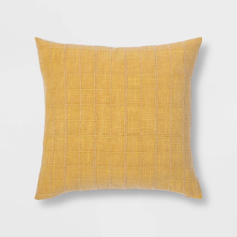 slide 1 of 5, Oversized Woven Washed Windowpane Square Throw Pillow Yellow - Threshold™, 1 ct