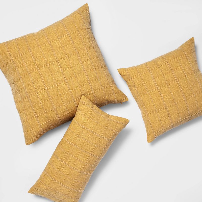 slide 5 of 5, Oversized Woven Washed Windowpane Square Throw Pillow Yellow - Threshold™, 1 ct