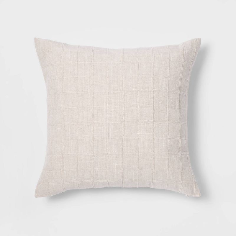 slide 1 of 5, Pillow Perfect Oversized Woven Washed Windowpane Square Throw Pillow Cream : 20x20 Inch Polyester, Machine Washable Cloth Napkins - Threshold™, 1 ct