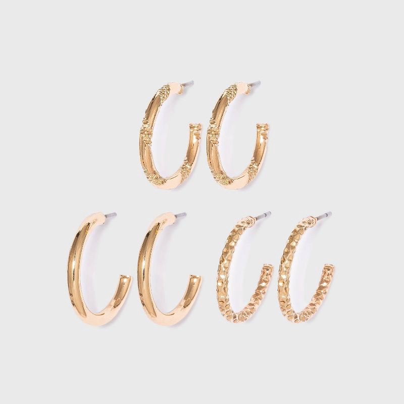 slide 1 of 2, Textured Multi Hoop Earring Set 3pc - Wild Fable™ Gold, 3 ct