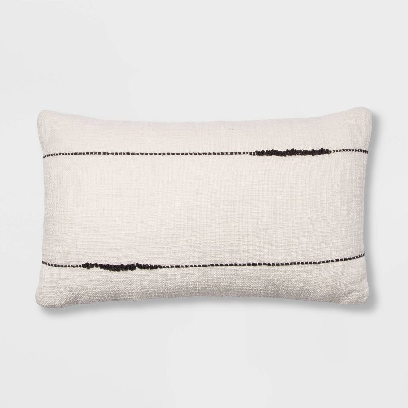 slide 1 of 5, Embroidered Thin Line Lumbar Throw Pillow Black/Cream - Threshold™, 1 ct