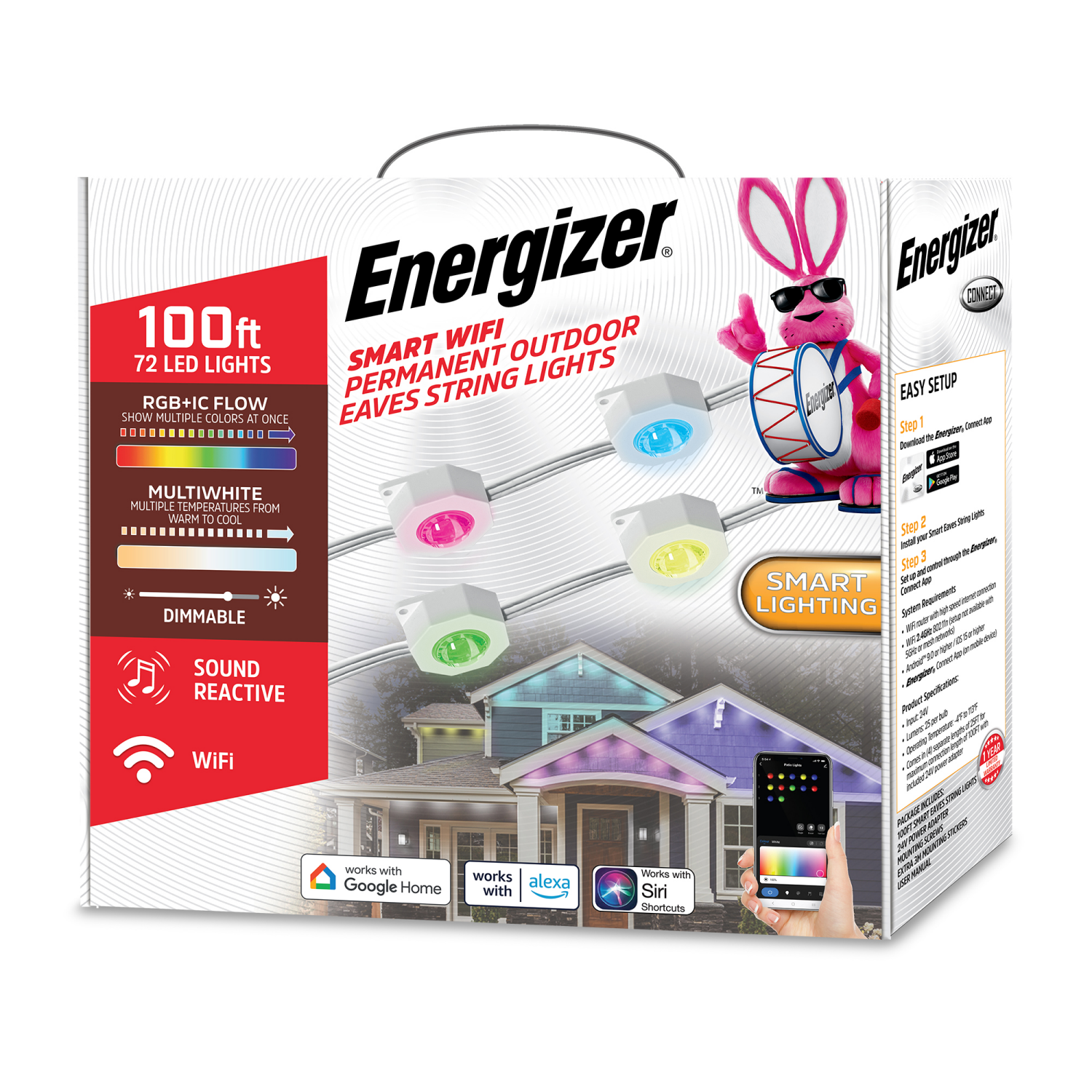 slide 1 of 1, Energizer 30M/100FT Smart Multi-Color RGB+IC LED String Downlight w/Outdoor Rated Power Adapter, 100 ft