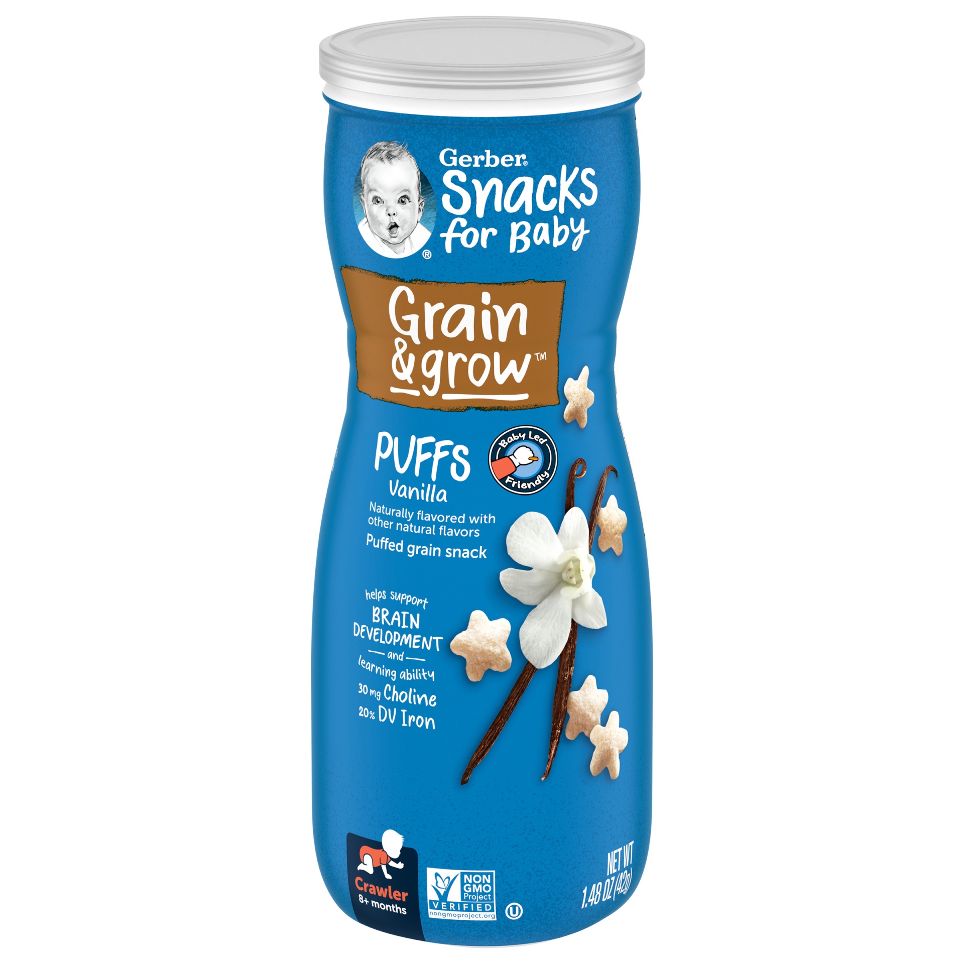 slide 1 of 7, Gerber Snacks for Baby Grain & Grow Puffs, Vanilla, 1.48 oz Canister, 1.48 oz