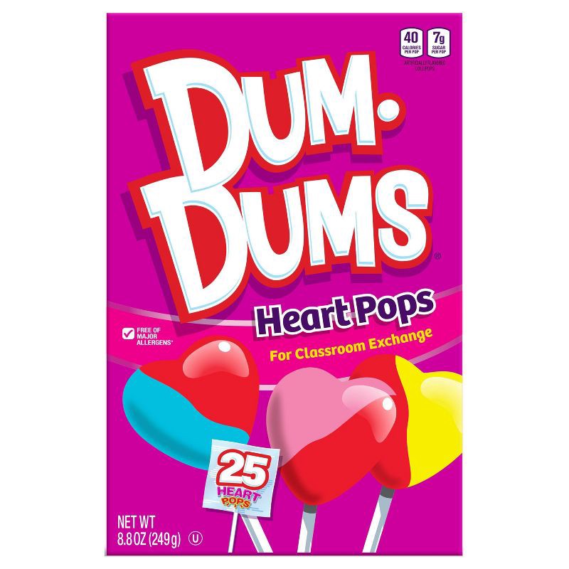 slide 1 of 7, Dum Dums DumDums Valentine's Day Heart Pops Classroom Exchange Box - 8.8oz/25ct, 8.8 oz, 25 ct