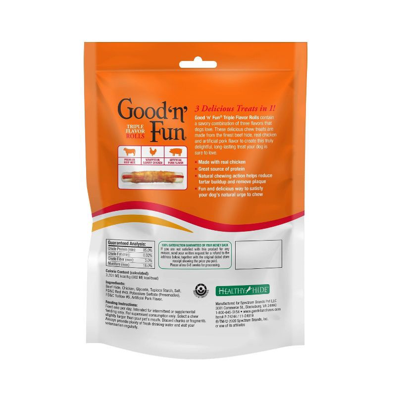slide 2 of 5, Good 'n' Fun Triple Flavor Rolls Rawhide with Pork, Beef and Chicken Flavor Dog Treats Value Bag - 17.1oz, 17.1 oz