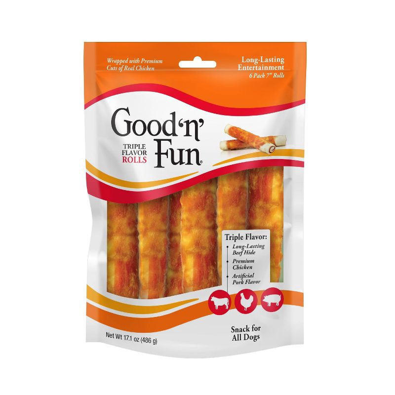 slide 1 of 5, Good 'n' Fun Triple Flavor Rolls Rawhide with Pork, Beef and Chicken Flavor Dog Treats Value Bag - 17.1oz, 17.1 oz
