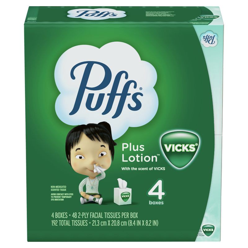 slide 12 of 16, Puffs Plus Lotion with Scent of VICKS Facial Tissue - 4pk/192ct, 4 ct, 192 ct