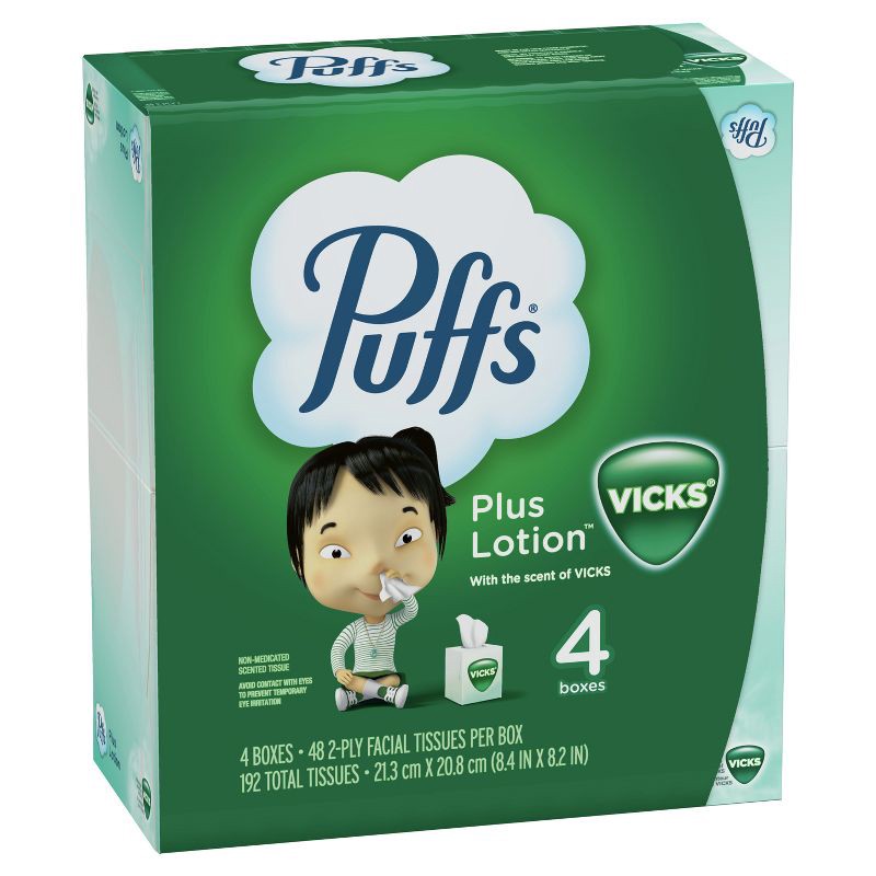 slide 15 of 16, Puffs Plus Lotion with Scent of VICKS Facial Tissue - 4pk/192ct, 4 ct, 192 ct