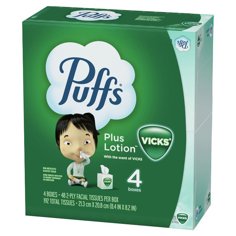 slide 16 of 16, Puffs Plus Lotion with Scent of VICKS Facial Tissue - 4pk/192ct, 4 ct, 192 ct
