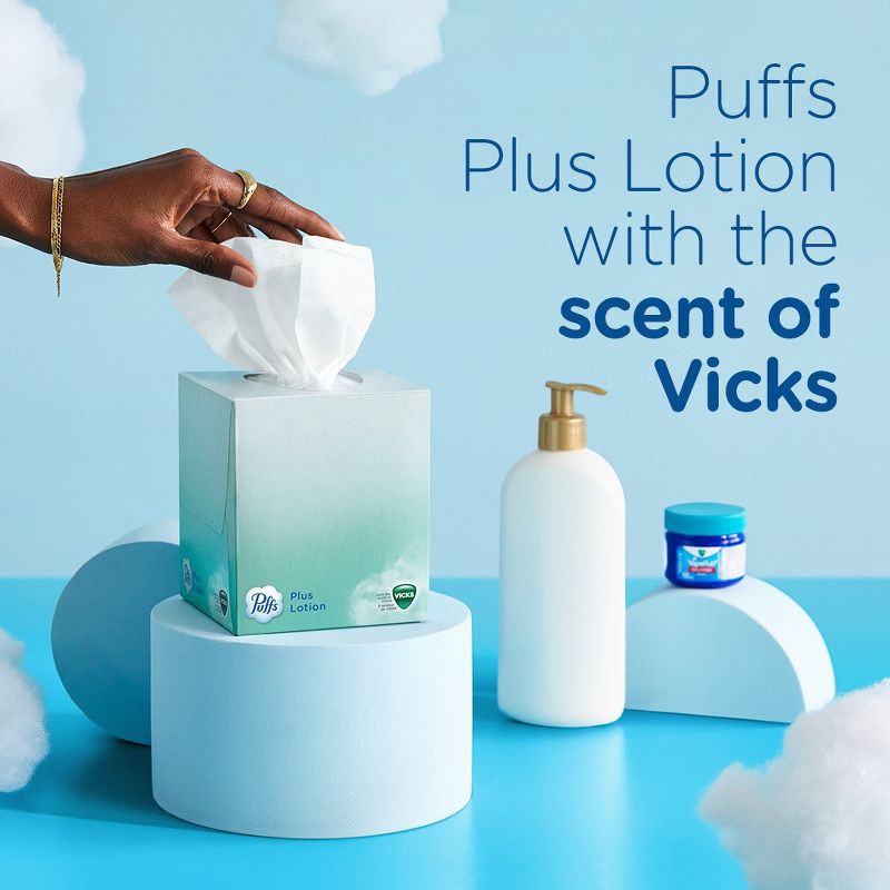 slide 4 of 16, Puffs Plus Lotion with Scent of VICKS Facial Tissue - 4pk/192ct, 4 ct, 192 ct